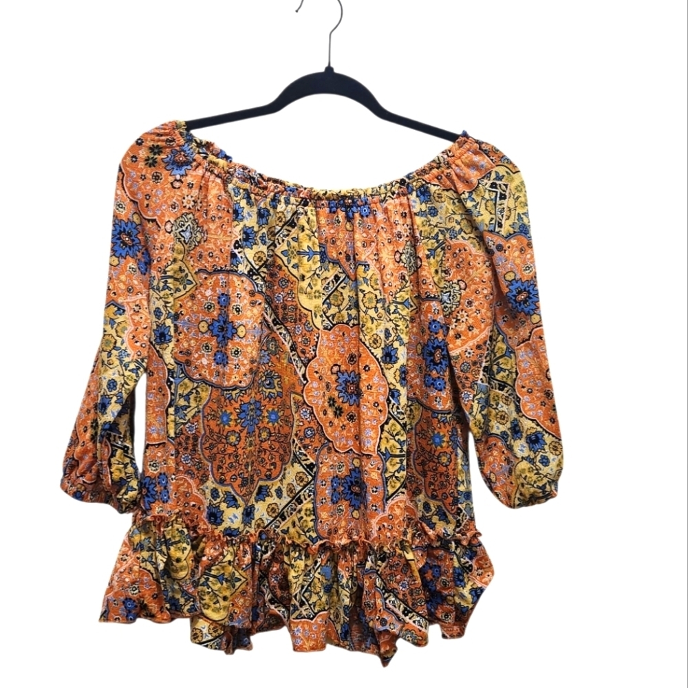 MELLODAY Orange and Blue Off-Shoulder Peasant Blouse